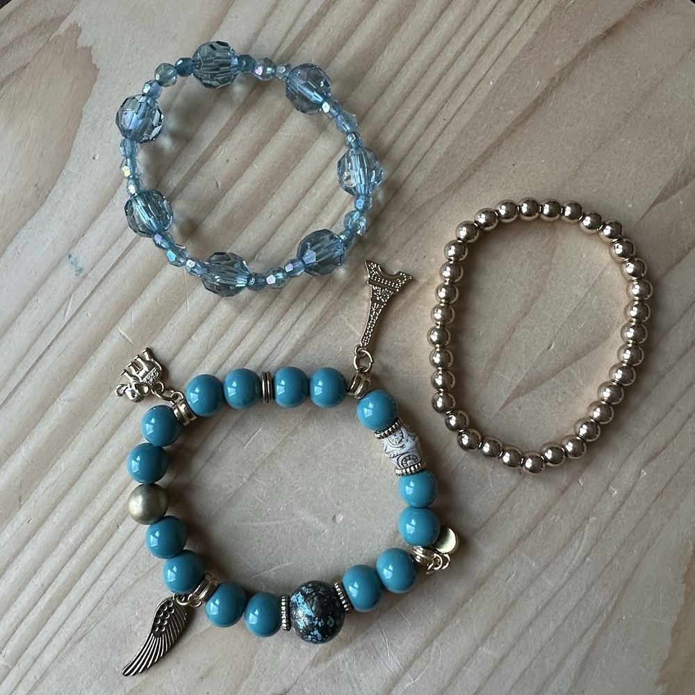 Artisan Stretch 3 Bracelet Set Faux Turquoise Beads Crystal Charms Gold Tone